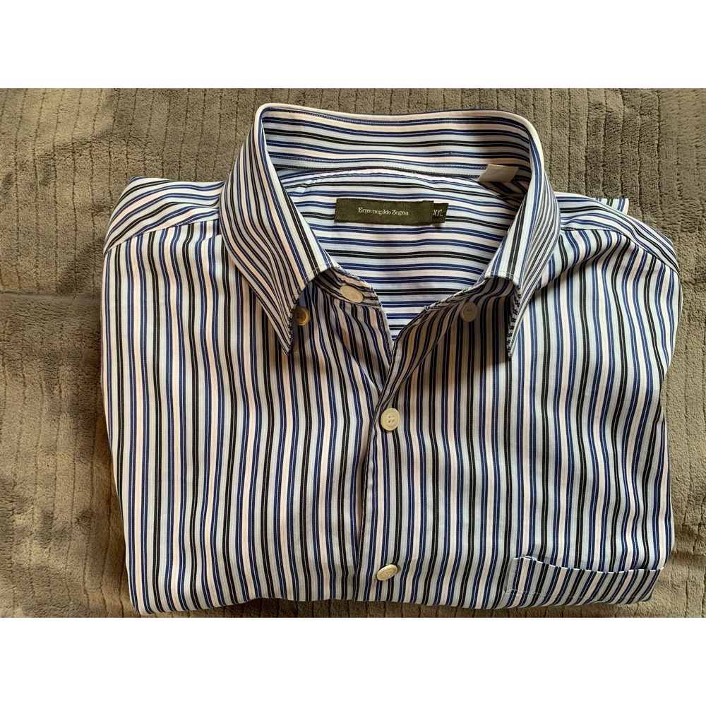 Ermenegildo Zegna Men's Stripe Blue White 100% Cotton ‎ Shirt XXLarge